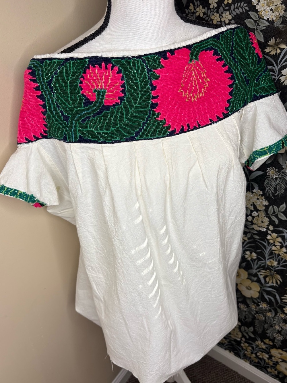 Embroidered Off-Shoulder White Top with Pink & Green Floral Yoke